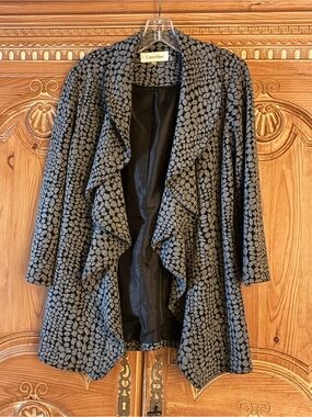 Calvin Klein size 4 Black & Gray Ruffled Open-Front Cardigan Jacket
